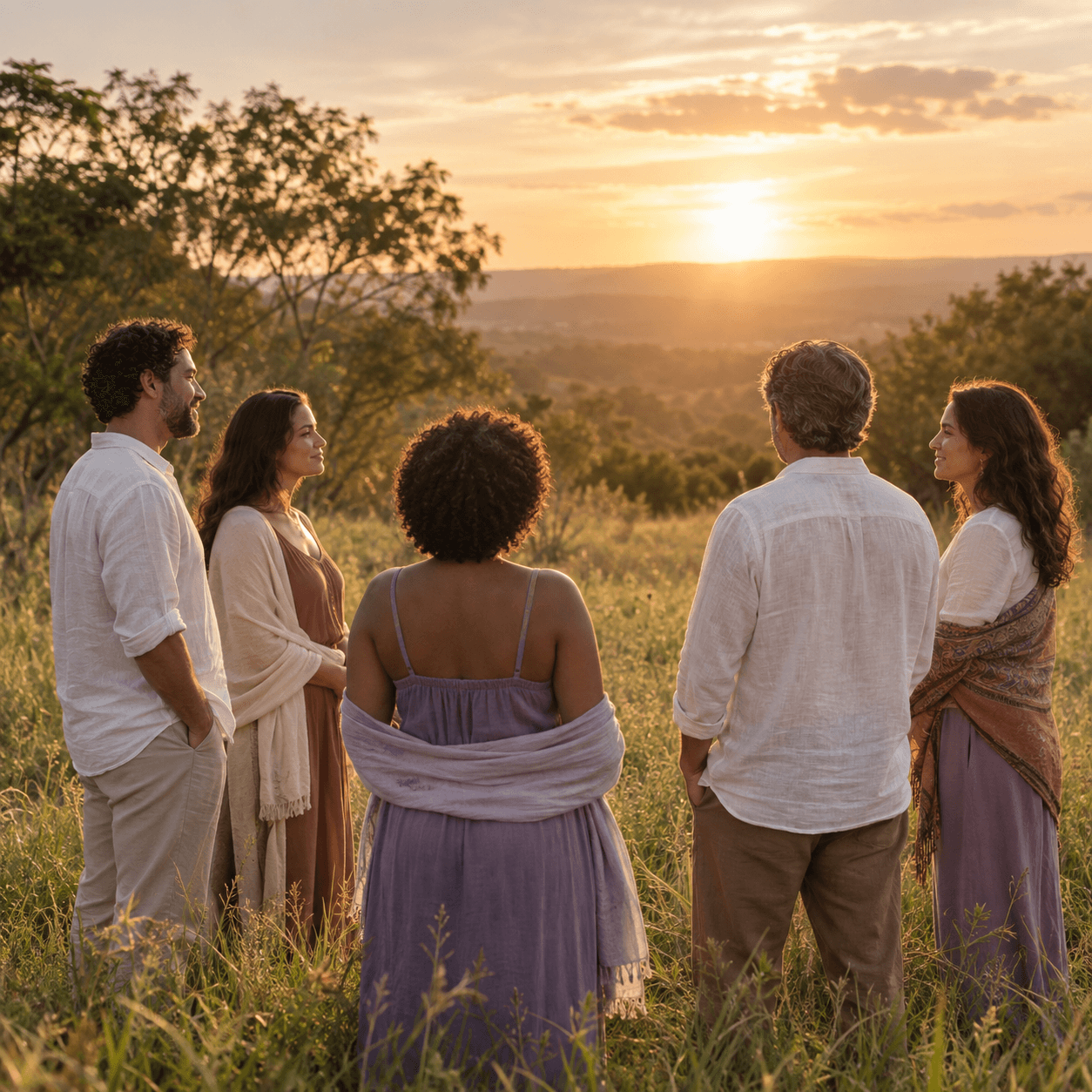 Grupo em uma vivência sistêmica ao pôr do sol